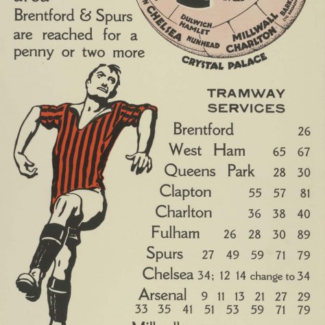 An LCC Tramways poster. A football in the top right-hand corner contains the name of London's football grounds, 1932. (Collage 36965) An LCC Tramways poster. A football in the top right-hand corner contains the name of London's football grounds, 1932. (Collage 36965) | Image courtesy of London Metropolitan Archives