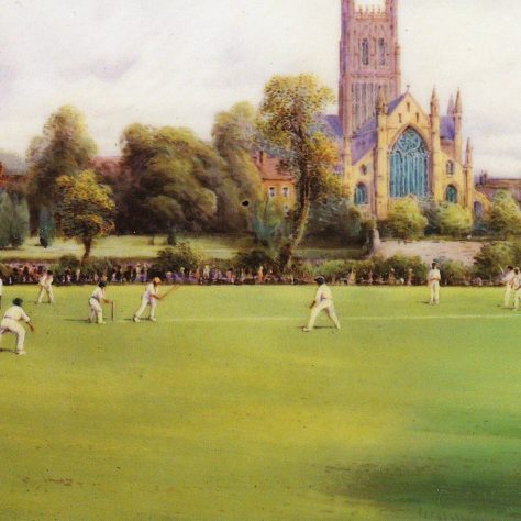 Painting of a cricket match in front of a cathedral | Harry Davis from The Royal Worcester Porcelain Factory