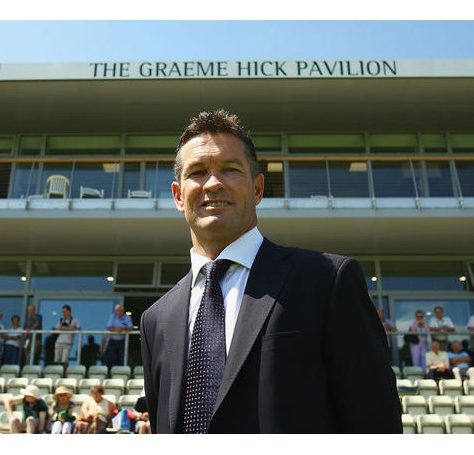 Graeme Hick. Scorer of over 100 first-class centuries for Worcestershire Graeme Hick stood in front of the Pavilion named after him