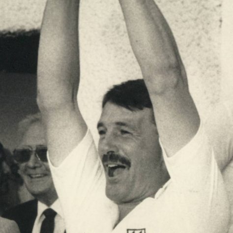 Phil Neale Worcestershire's most successful captain Black and white photo of Phil Neale lifting a trophy above his head