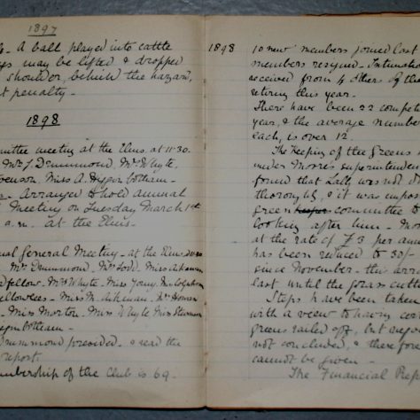 Image of aged book opened to two pages with handwritten text under headings of 1897 and 1898 | Image courtesy of Stirling Archives.