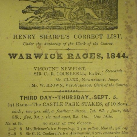 Yellowed and faded race card promoting the Warwich horse races of 1844 | Warwickshire County Record Office reference CR 3444