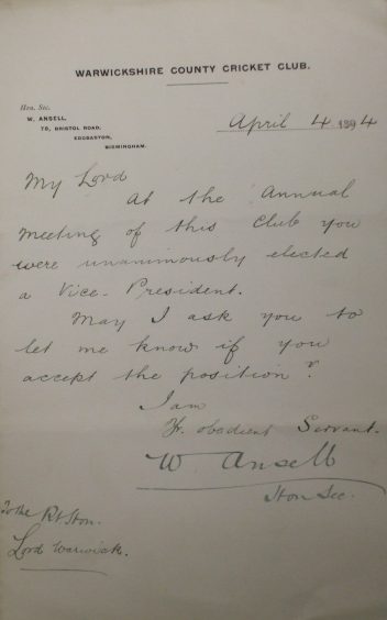 Letter from Warwickshire County Cricket Club to Lord Warwick, advising him he has been elected a Vice-President, 4th April 1894. | Warwickshire County Record Office reference CR 1886/Box833/62.