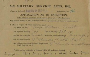 Application for exemption for George William Lovett, confirming his employment at the Harrow School . | National Archives catalogue reference: MH 47/94/23. Reproduced under the Open Government License