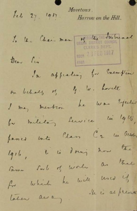 Letter to tribunal from Harrow School highlighting George’s previous attempt to enlist. | National Archives catalogue reference: MH 47/94/23. Reproduced under the Open Government License