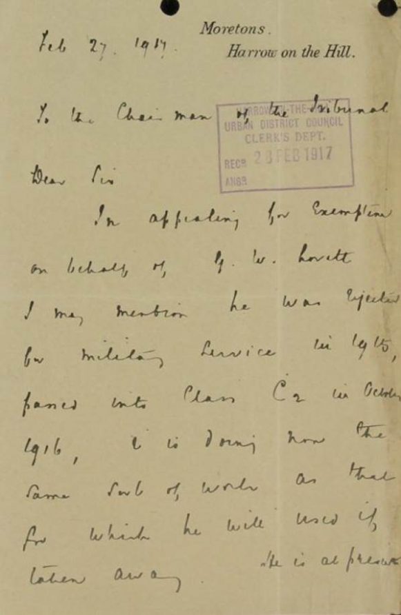MH-47-94-23-Letter Letter to tribunal from Harrow School highlighting George’s previous attempt to enlist. | National Archives catalogue reference: MH 47/94/23. Reproduced under the Open Government License