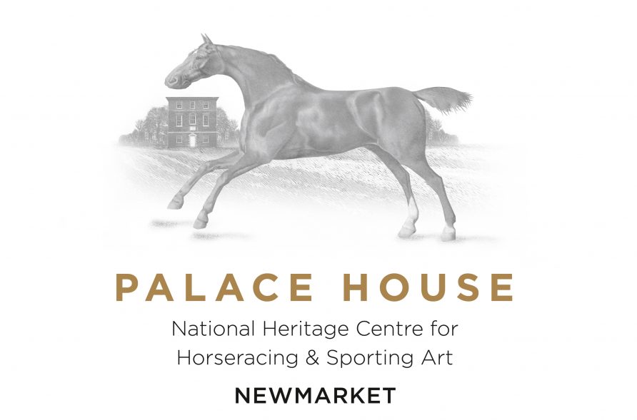CMYK Gold and Black Large Black and white illustration of a running horse above the text: Palace House National Heritage Centre for Horseracing & Sporting Art Newmarket | Palace House