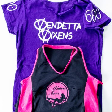 Roller-Derby-team-shirts-1 Purple Vendetta Vixens shirt and Shoetown Slayers vest | Image courtesy of Glasgow Women's Library