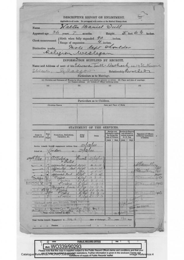 Walter Tull’s service record | National Archives reference WO 339/90293, and reproduced under the Open Government License.