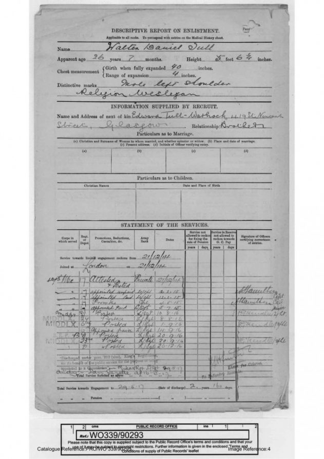 Walter Tull’s service record Walter Tull’s service record | National Archives reference WO 339/90293, and reproduced under the Open Government License.