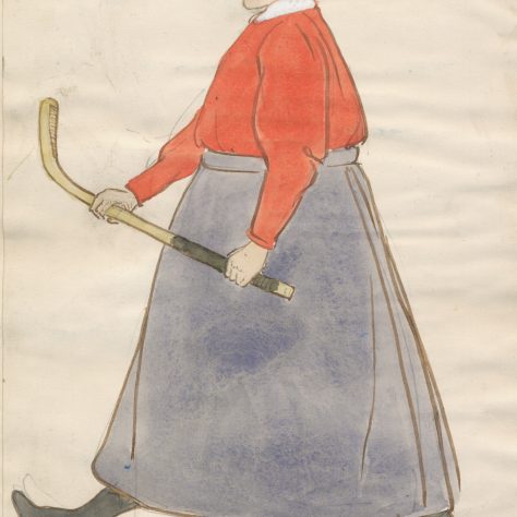 Watercolour illlustration from a scrapbook entitled 'Hockey Jottings', 1898 (HOCKEY D/1/1). Watercolour illlustration from a scrapbook entitled 'Hockey Jottings' | University of Bath Archives and Research Collections