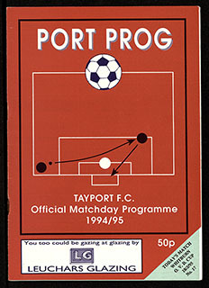 Programme cover, no.17 1994/95 Cover of Tayport FC Matchday Programme dated 1994-1995 with an illustration depicting crossing a ball into the box and striking on goal | Tayport F.C. Archive