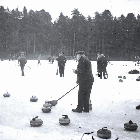 Curling Match, location unidentified Black and white photo of a curling match | Am Baile