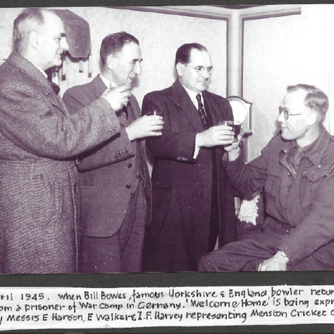 England cricketer Bill Bowes returns to Yorkshire. Menston 1945 Cricketer Bill Bowes at Menston cricket club with other club members in the club house. | Menston Cricket Club