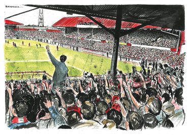 A cartoon depicting a packed stand at a football game at Ayresome Park | Courtesy of Dr Tosh Warwick