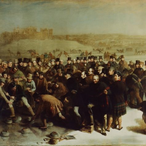Painting of a curling match taking place with many spectators at Linlithgow Loch | Courtesy of Scottish Curling Trust