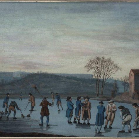 Painting of people playing a curling match on Canonmills Loch | Courtesy of Scottish Curling Trust