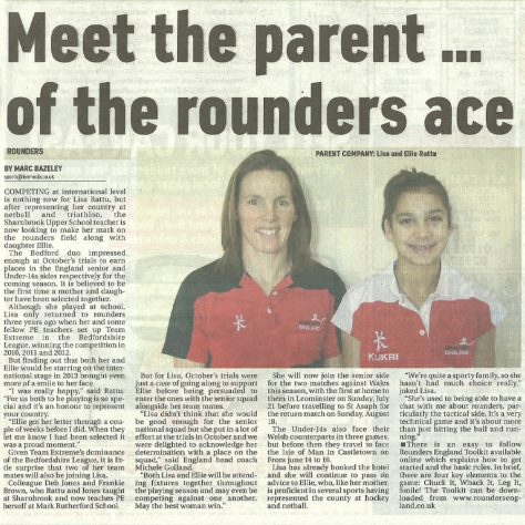 Bedfordshire On Sunday Article with Lisa & Ellie Rattu - Feb 2013 | Rounders England