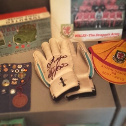 Pair of signed gloves of former Wales goalkeeper Paul Jones (50 caps, 1997-2006) on display at Wrexham Museum