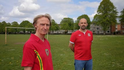 Expo'r Wal Goch organisers Tim Hartley and Russell Todd pictured in classic Wales shirts