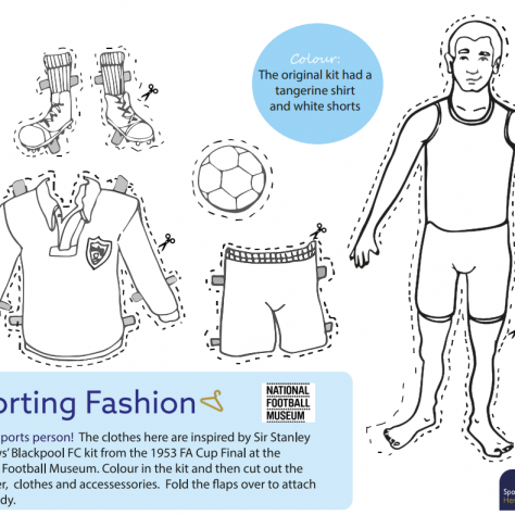 Black and White Illustration of a male footballer and his kit. | Jessica Hartshorn / Sporting Heritage CIC