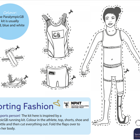 Black and White Illustration of a female paralympic athlete and her kit. | Jessica Hartshorn / Sporting Heritage CIC