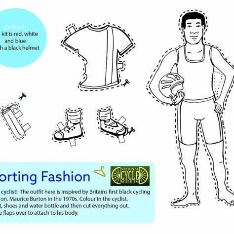 Black and White Illustration of a male cyclist and his kit. | Jessica Hartshorn / Sporting Heritage CIC