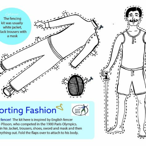 Black and White Illustration of a male fencer and his kit. | Jessica Hartshorn / Sporting Heritage CIC