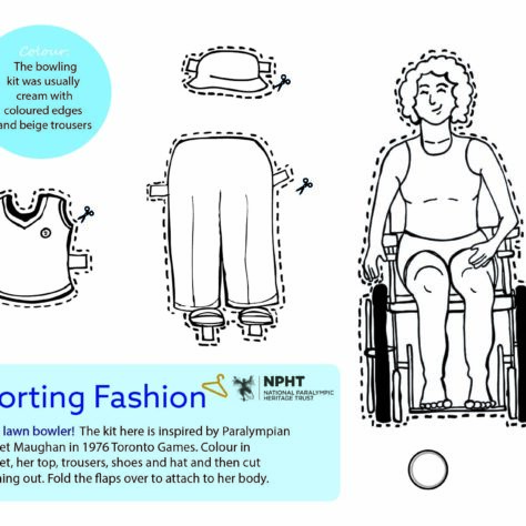 Black and White Illustration of a female wheelchair bowler and her kit. | Jessica Hartshorn / Sporting Heritage CIC