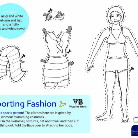 Black and White Illustration of a female swimmer and her kit. | Jessica Hartshorn / Sporting Heritage CIC