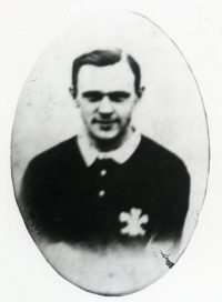 Black and white image of Billy Spiller in Wales shirt.