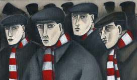 Painting of four football fans in flat caps and striped scarves