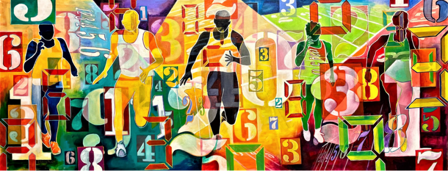 Painting of five sprinters, surrounded by numbers
