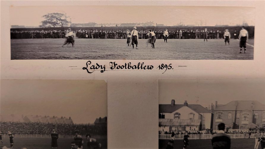 Old photo collage, focus on ladies football match