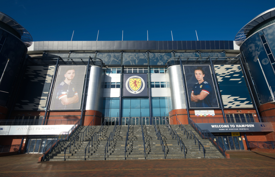 Hampden Park, Glasgow. Courtesy Scottish Football Museum Scotland Captains Andy Robertson and Rachel Corsie adorn exterior entrance to Hampden Park Stadium | Courtesy Scottish Football Museum
