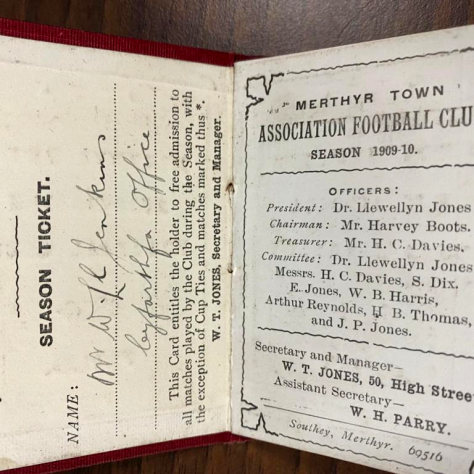 Merthyr Season Ticket 1909-10 | Merthyr Town Football Club