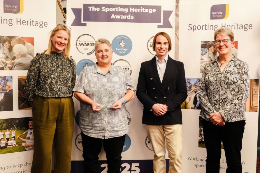 Senior Curator, Sarah Wyatt, Richard Morris of Racing Pride, and Director of Collections, Andrea Bishop, SH Awards 2025 | Sporting Heritage CIC/Kristina Harrison Photography