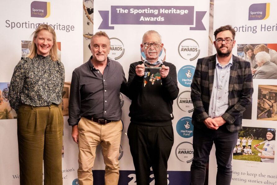 Volunteers, Peter Slater and Martyn Phillips with Antony Ramm, Leeds Library Services, SH Awards 2025 | Sporting Heritage CIC/Kristina Harrison Photography